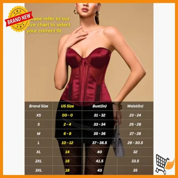 Satin Corset Top with Underwire & Boning, Adjustable Lace-Up Fit Sizes 00-18